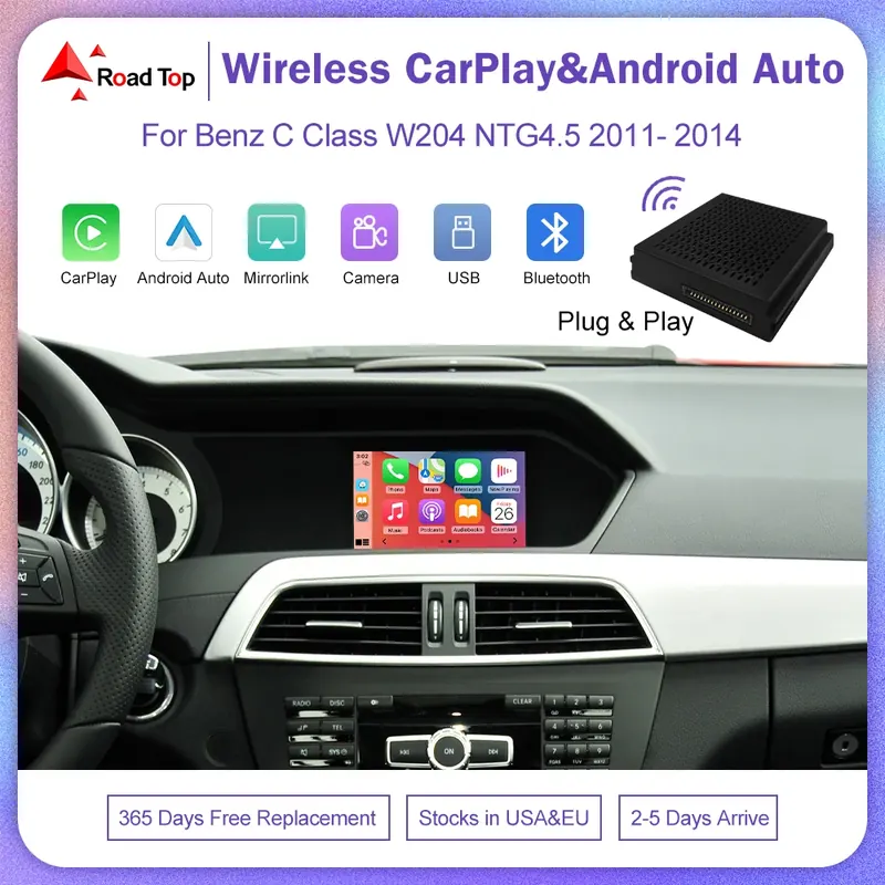 Road Top Wireless Carplay Android Auto dla Mercedes Benz C Class W204 NTG4.5 Plug And Play Airplay Mirror Link USB Kamery wideo