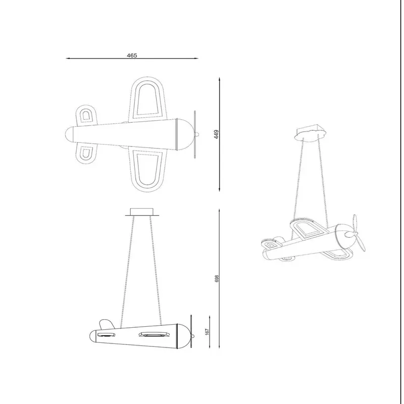 Lampa wisząca LED do pokoju dziecięcego Fokker, szara Długość 46 cm Metal