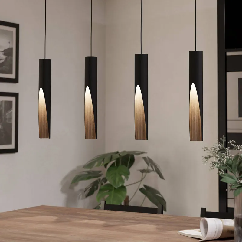 Żyrandol LED Barbotto, czarny/dąb, 4-pkt.