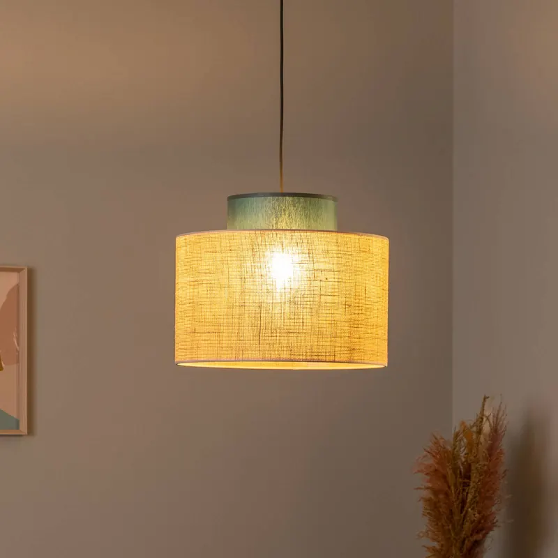 Lampa wisząca Duo, klosz z juty, petrol/naturalny brąz, Ø 38 cm