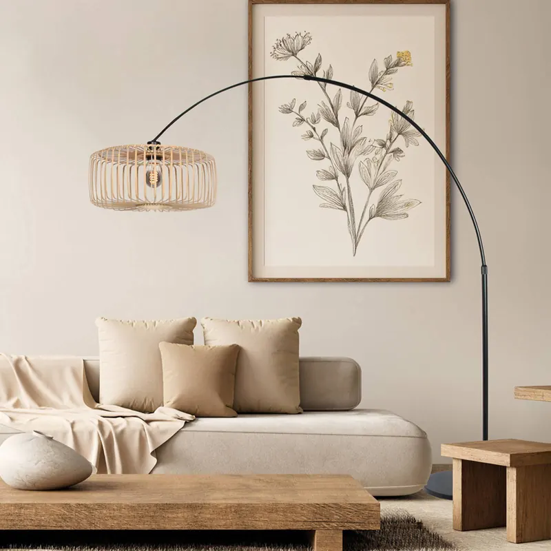 Lampa stojąca z wygiętym karkiem Sparkled Light, czarna/bambus naturalny, 240 cm