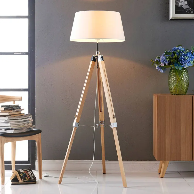 Lampa podłogowa Lindby Katie, 162 cm, biały, tkanina, drewno, statyw