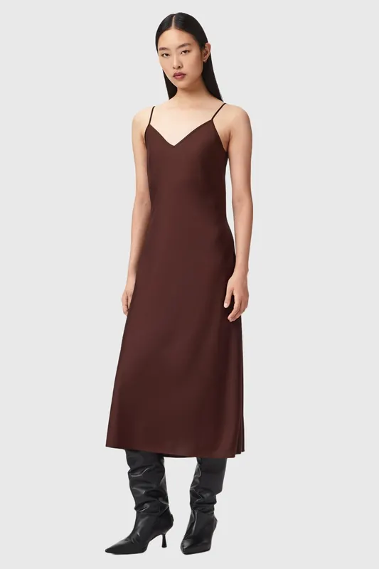 AllSaints Hera Dress Bitter Brown Maat: L | Midi Jurken Outlet | Dames | Bruin