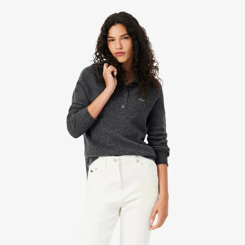 Lacoste Wełniany Sweter damski High Neck Gris Chine 34
