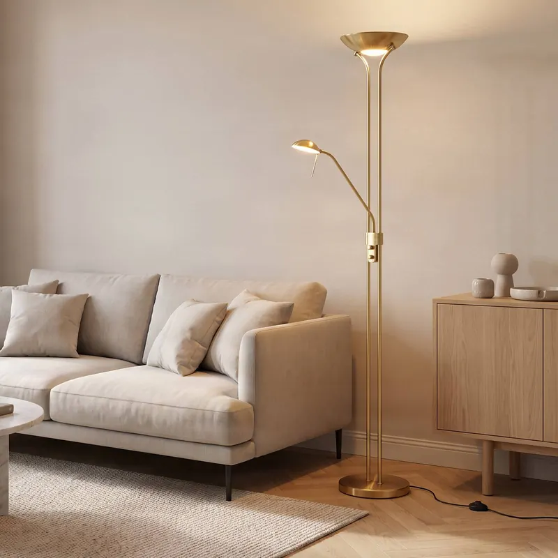 Lampa podłogowa LED Josefin, mosiądz, lampka do czytania, ściemniana