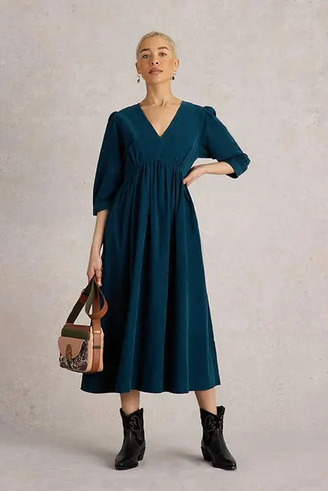 White Stuff Lucy Cord Dress Dark Teal Maat: 24 REGULAR | Midi Jurken Outlet | Dames | Blauw