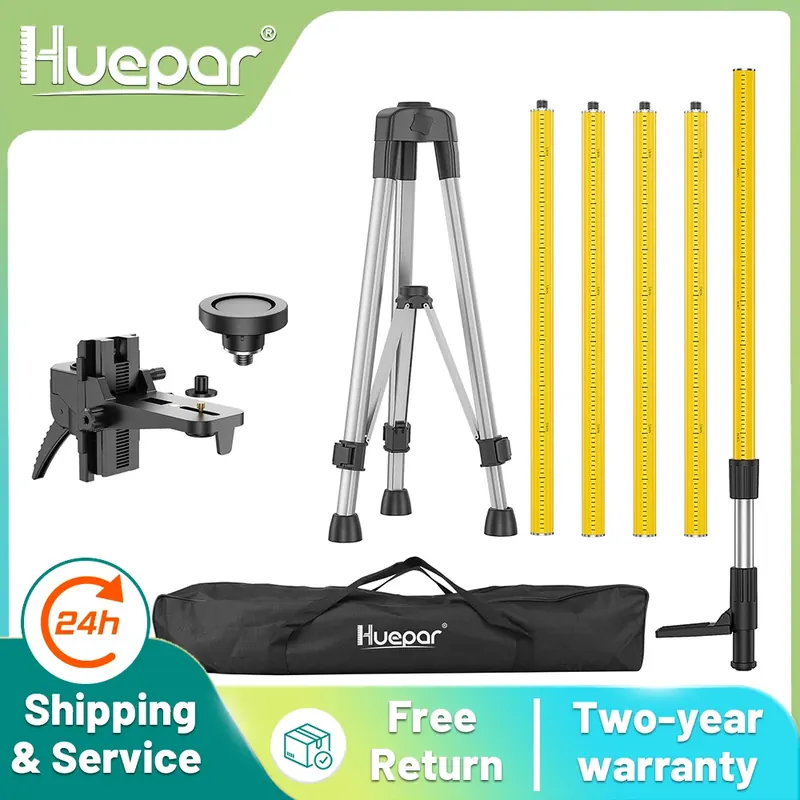Huepar 12 Ft./3.7m Laser statyw kij teleskopowy z 1/4-Cal przez 20-Cal uchwyt laserowy do obrotowego dołączonego pręta i Adapter 5/8 "-11