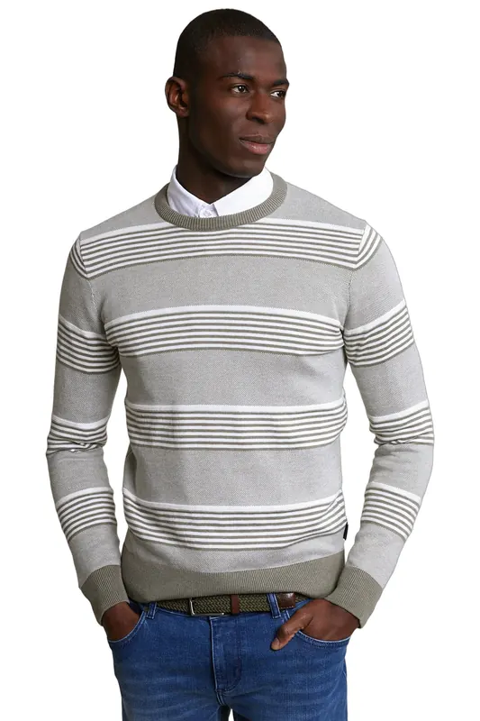 River Woods Custom Fit Cotton Striped Crew Neck Pullover Lt Safari Green Maat: XXL | Sweaters Outlet | Heren | Groen