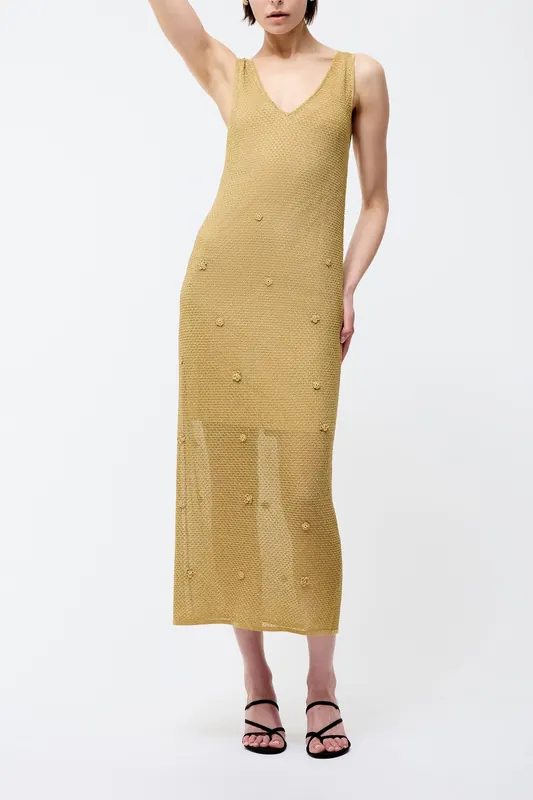 French Connection Floral Applique Metallic Dress Gold Maat: XS | Midi Jurken Outlet | Dames | Goud