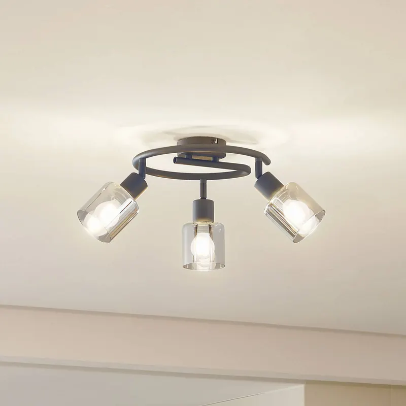 Lampa sufitowa Lindby Netty, szara, 3-punktowa, szkło