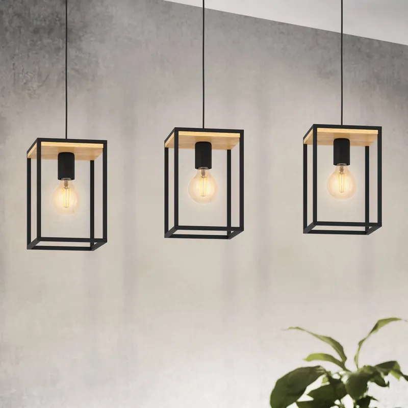Lampa wisząca Libertad, długość 88 cm, czarny/drewno, 3-punktowa.