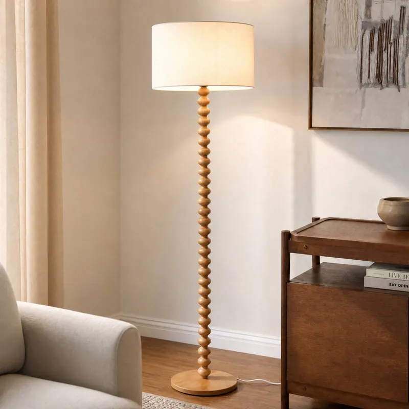 Lampa stojąca Lucande Karlie, wysokość 155 cm, biała, drewno, E27