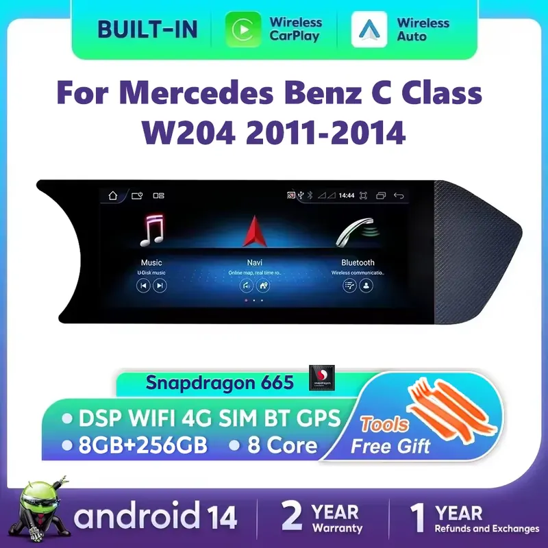 Android 14 Auto Radio Bezprzewodowy Carplay Dla Mercedes C Class W204 2011-2014 Samochodowy Odtwarzacz Multimedialny BT WIFI SIM Stereo GPS