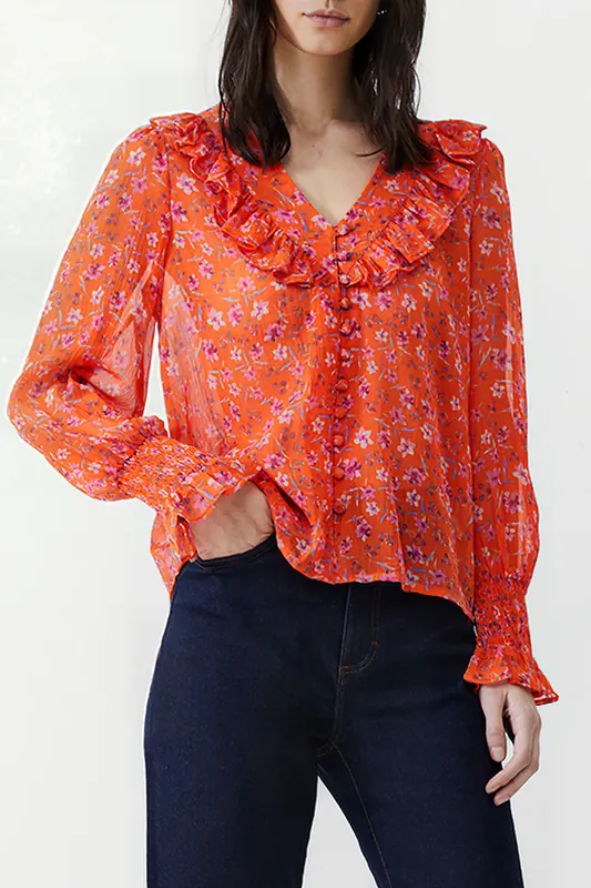 French Connection Camille Frill Shirred Slv Top Mandarin Maat: 10 | Blouses Outlet | Dames | Oranje