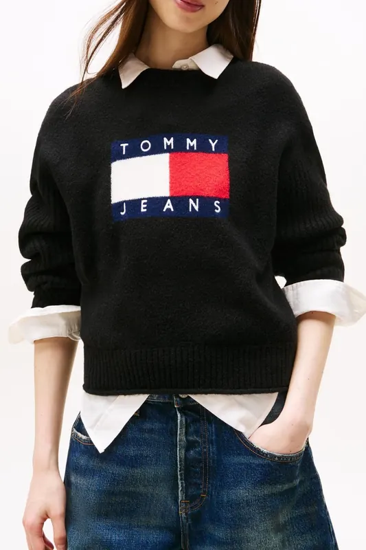 Tommy Hilfiger Tjw Melange Flag Sweater Black Heather Maat: L | Sweaters Outlet | Dames | Zwart