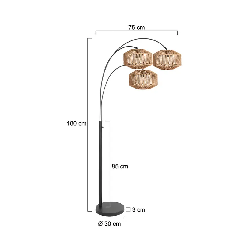 Lampa podłogowa Nox Light 3-punktowa, czarna, z brązowym przewodem, E27