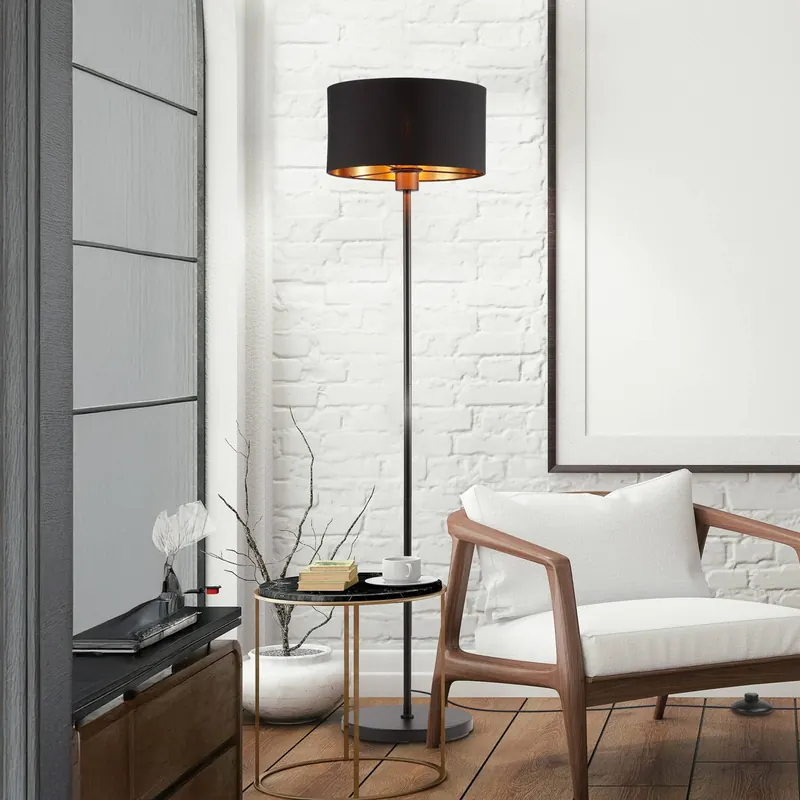 Lampa stojąca Kari, prosta, czarna/złota, tekstylna, E27