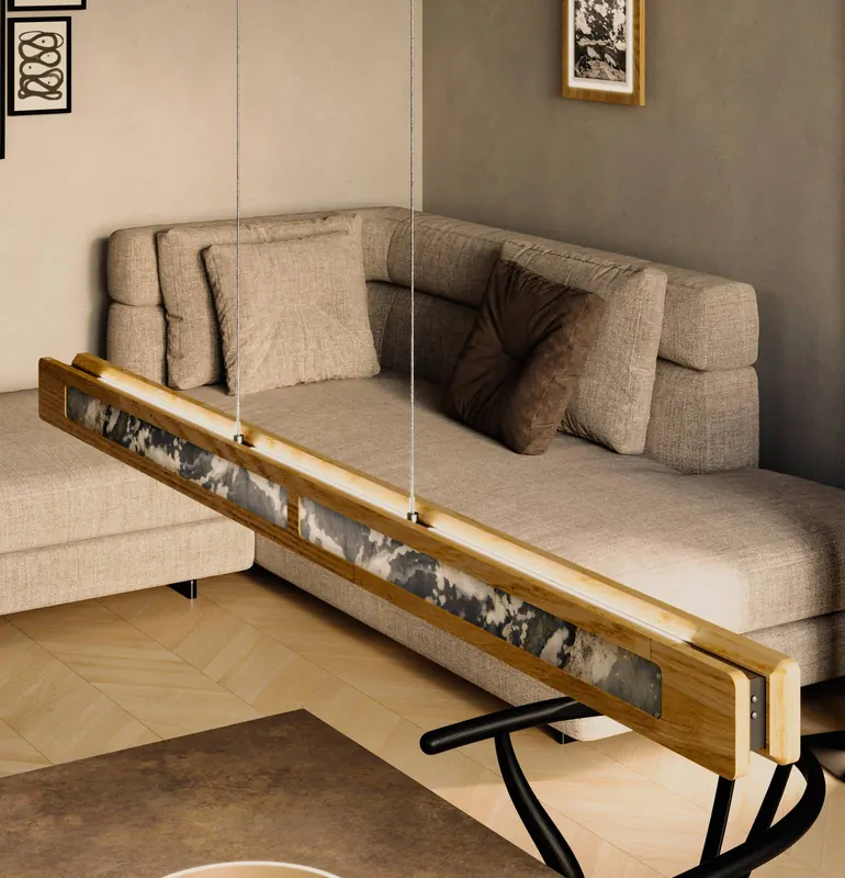 Żyrandol LED Chile S, dąb/kolorowy łupek, długość 114 cm
