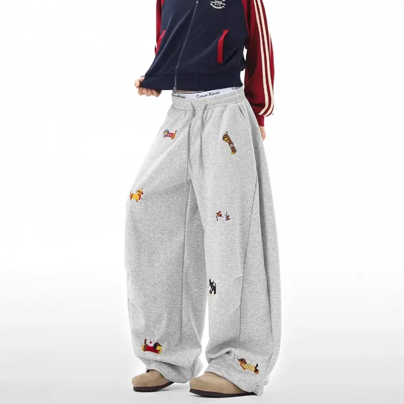 Zabawne spodnie dresowe z haftem jamnika męskie damskie luźne cargo joggersy z szerokimi nogawkami dla par streetwear jesienne spodnie codzienne modne