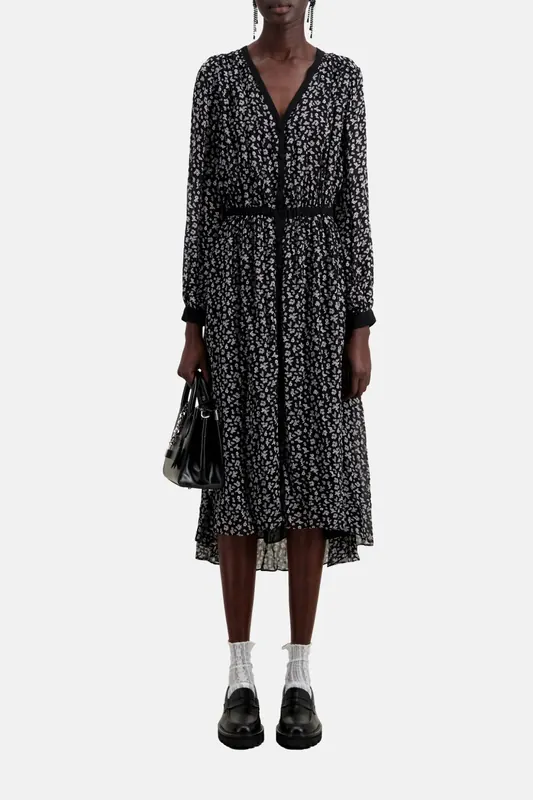 The Kooples Long Dress With Long Sleeves Black-ecru Maat: 36 | Midi Jurken Outlet | Dames | Zwart