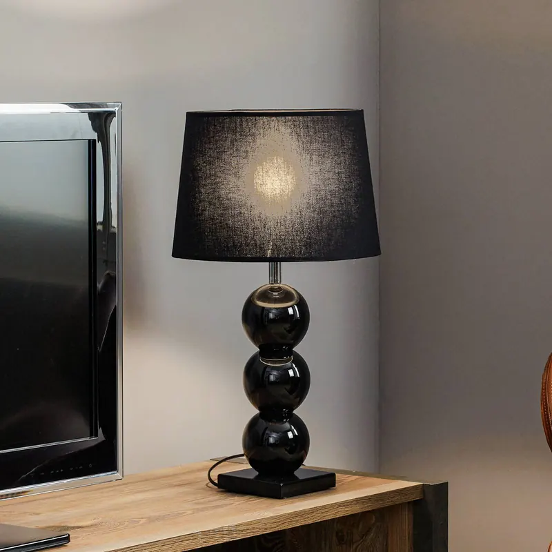 Lampa stołowa tekstylna Fulda, dekor szklany, czarna