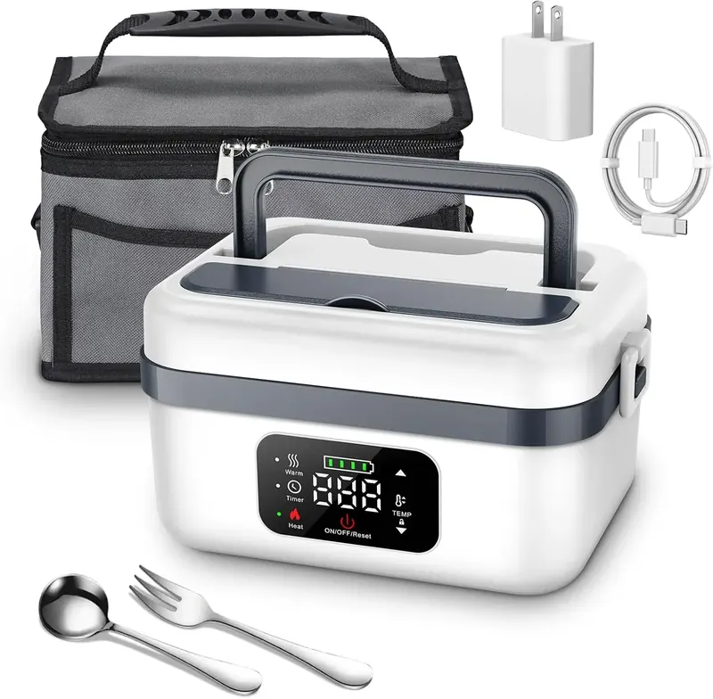 Przenośny elektryczny lunch box, pojemność 1L i powerbank 16000mAh, bezprzewodowe samonagrzewanie do pracy, podróży, samochodu, biura