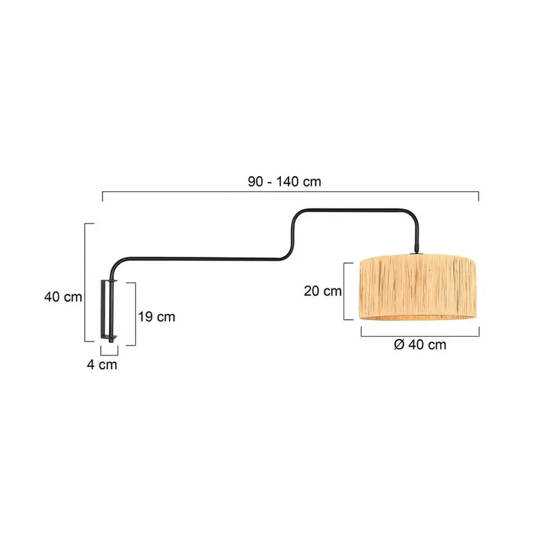 Lampa ścienna Bloeba, czarny/brązowy, wysięg 140 cm, trawa morska