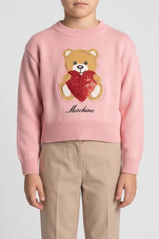 Moschino Girl's Heart Teddy Bear Wool And Cotton Pullover Pink Maat: 6 | Truien Outlet | kids | Roze