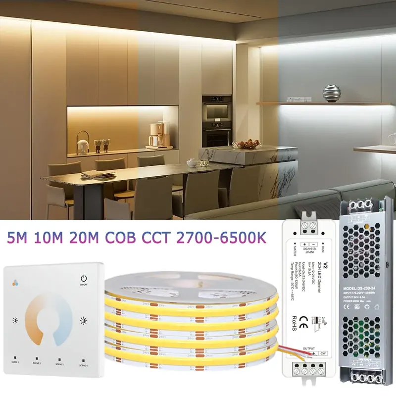 Taśma LED COB CCT 5M 10M 20M 24V Elastyczna, o wysokiej gęstości, ściemnialna, do oświetlenia wnętrz, sterowana pilotem dotykowym 2.4G RF, dwukolorowa (biała) 2700K-6500K