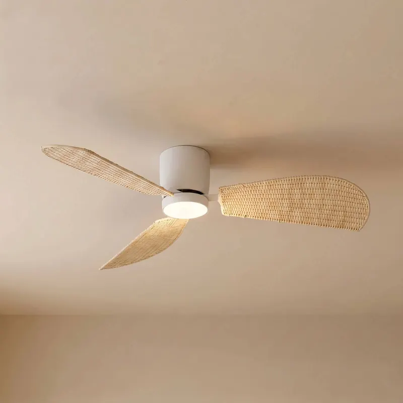 Wentylator sufitowy LED Lucande Faipari, biały/rattan, DC, 132 cm