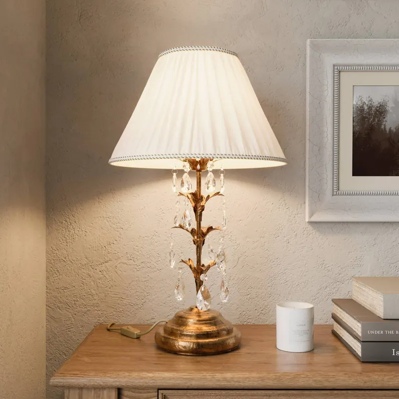 Lampa stołowa Teresa z kryształami i abażurem tekstylnym