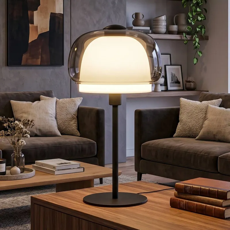 Lampa stołowa Belomontejo, czarna z przezroczystymi elementami, szkło, E27