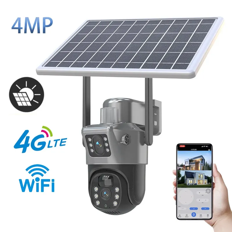 Kamera IP 4MP WIFI Bezprzewodowa PTZ Solarna z Podwójnym Obiektywem i Podwójnym Ekranem Zewnętrzna Kamera 4G z Panelem Solarnym Audio PIR Kamera Monitoringu Bezpieczeństwa