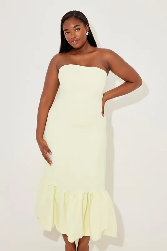 Odd Muse Strapless Peplum Midi Dress Lime Cream Maat: L | Midi Jurken Outlet | Dames | Geel