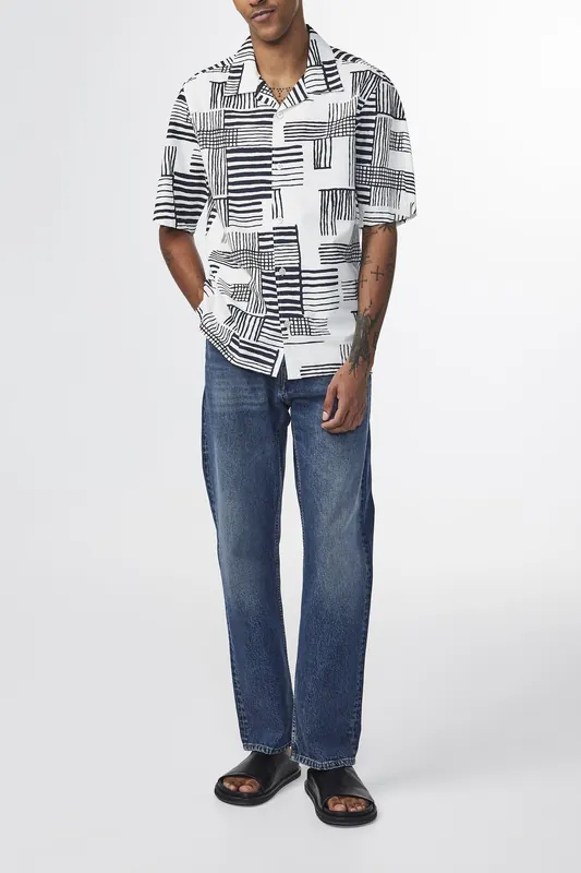 NN.07 Ole Ss Shirt 5210 Black Print Maat: L | Casual Overhemden Outlet | Heren | Zwart