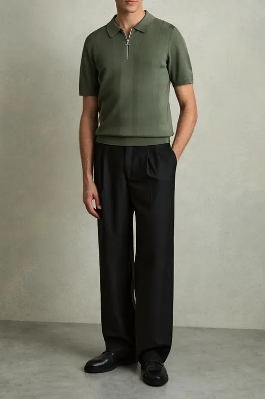 Reiss Ss Half Zip Textured Knitted Polo Herb Green Maat: XL | Poloshirts Outlet | Heren | Groen