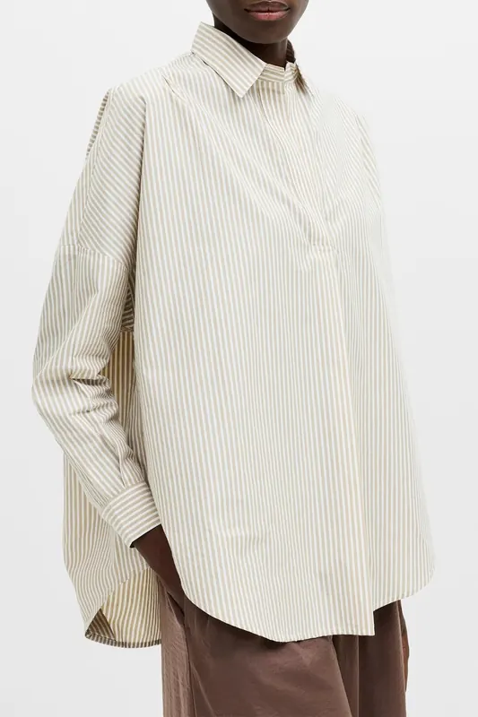 French Connection Stripe Poplin L/s Popover Incense/white Maat: 10 | Longsleeves Outlet | Dames | Beige