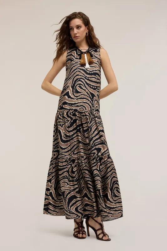 Motivi Long Printed Dress With Flounces Brown Maat: M | Maxi Jurken Outlet | Dames | Bruin