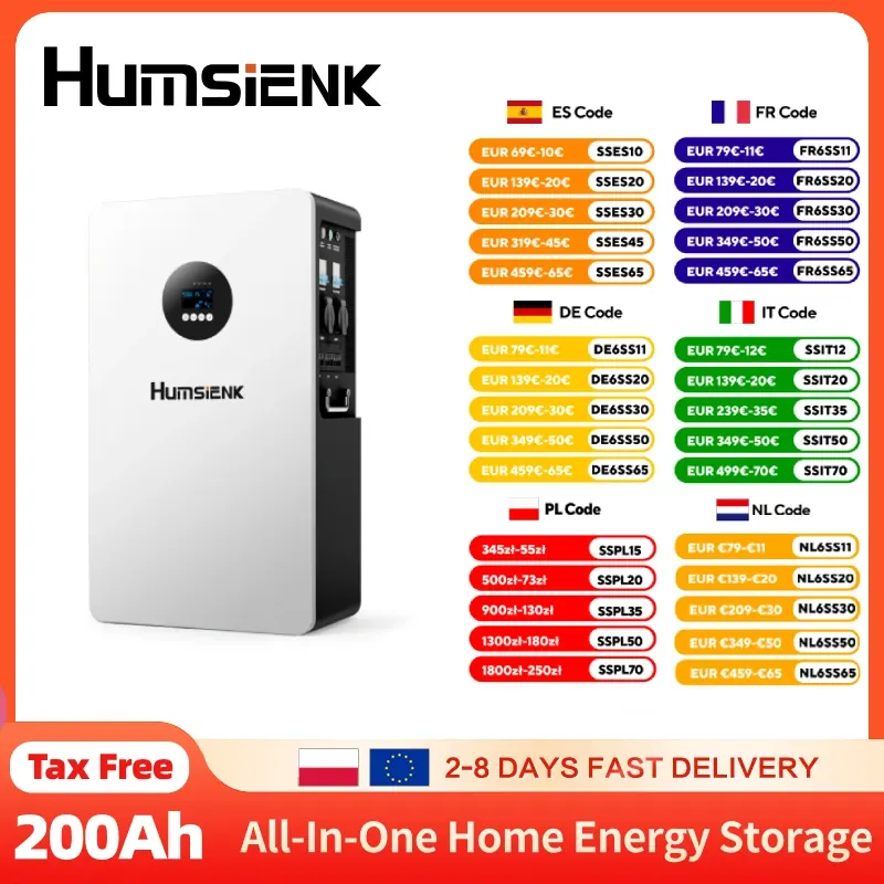 Humsienk 5.12kWh Zintegrowany System Magazynowania Energii z Falownikiem Solarnym 5kW o Czystej Sinusoidalnej Fali, Wyjście AC220V, Ładowarka Solarna MPPT 160A, Wejście PV Maks. 500V, do Domu/Biura