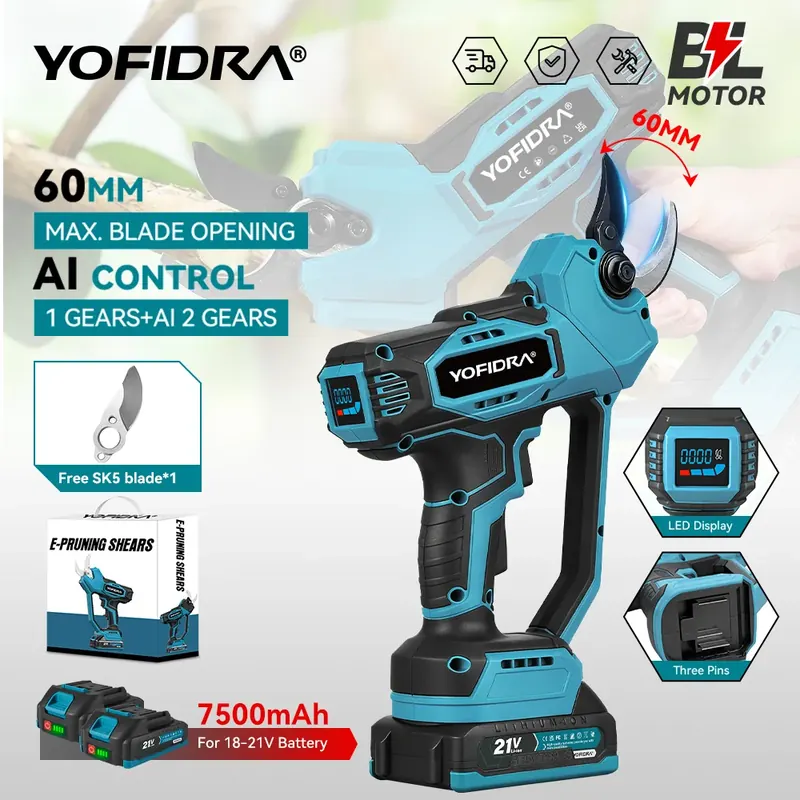 YOFIDRA 60mm Akumulatorowe nożyce elektryczne do gałęzi z silnikiem bezszczotkowym i sterowaniem AI, do przycinania drzew, bonsai, kompatybilne z akumulatorami Makita 21V