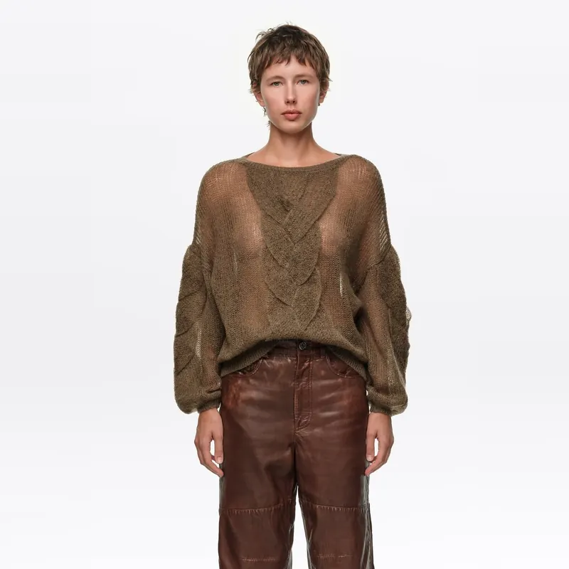 Sweter moherowy splot warkoczowy oliwkowy