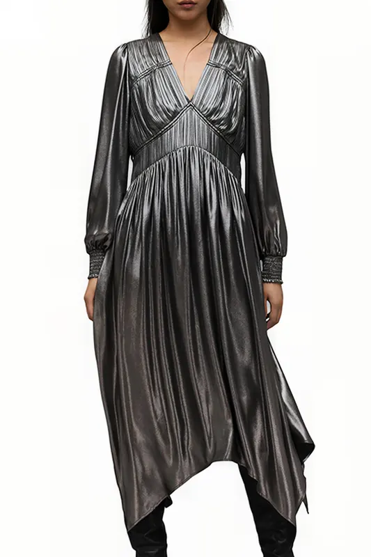 AllSaints Estelle Metallic Dre Gunmetal Grey Maat: 34 | Midi Jurken Outlet | Dames | Zilver