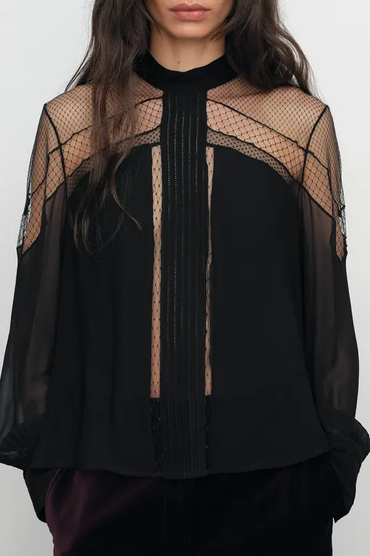 Reiss Lace Insert Blouse Black Maat: 14 | Longsleeves Outlet | Dames | Zwart
