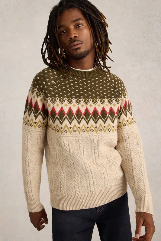 White Stuff Cable Fairisle Crew Neck Natural Multi Maat: XL | Sweaters Outlet | Heren | Beige