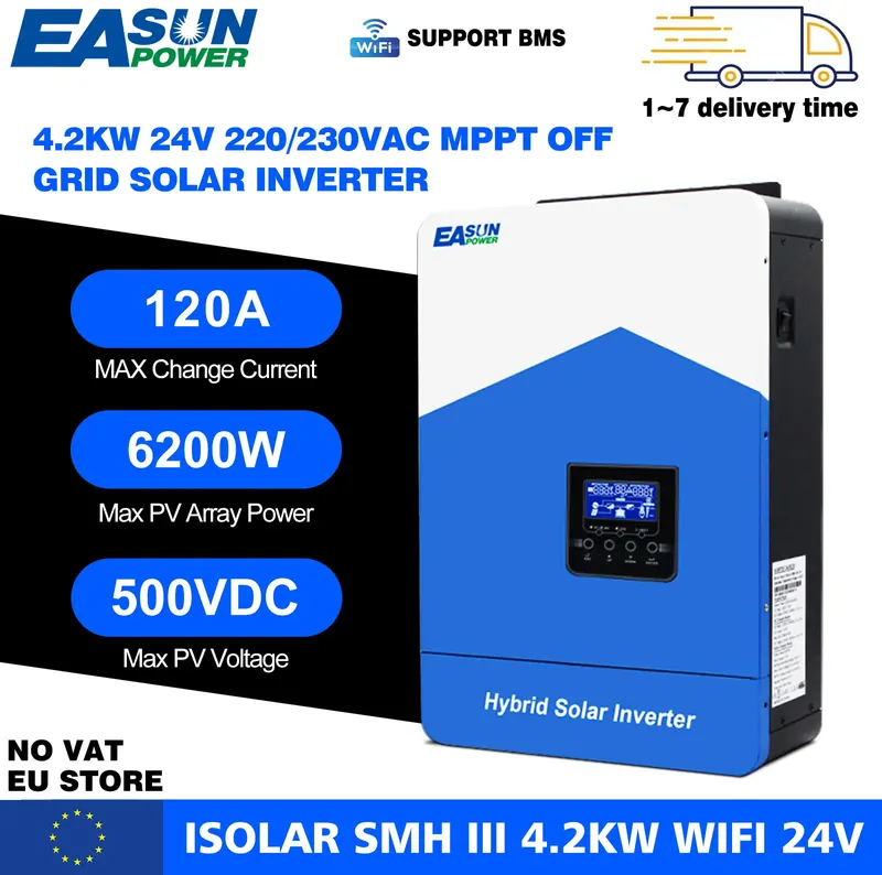 EASUN 4.2KW Hybrid Solar Inverter 24V 3.2KW Off Grid Inverter 6.2KW 48V MPPT 12V 2KW 230V 110A Charger Max PV 450V BMS in EU