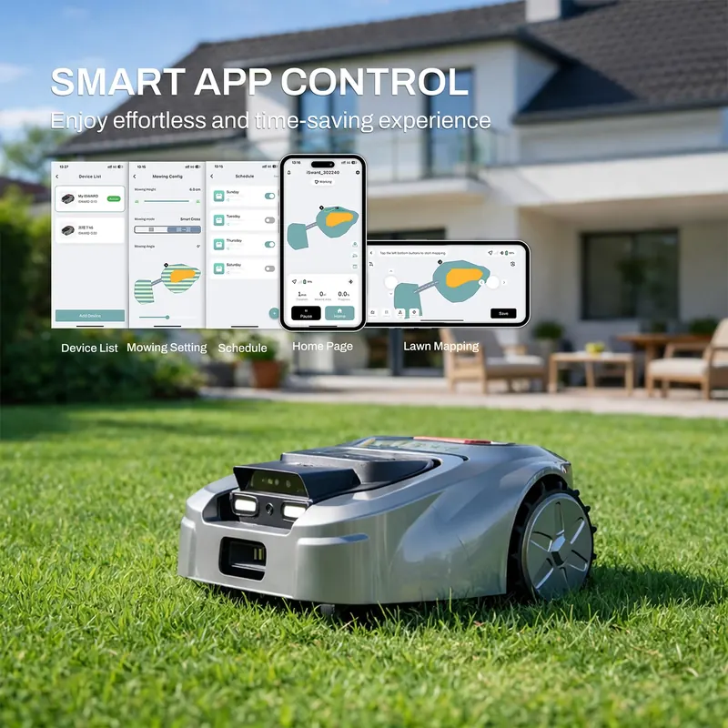 Bezprzewodowa robotyczna kosiarka do trawy o powierzchni 2500m2, bez konieczności użycia przewodów obrysowych, z RTK i AI VISION, planowanie trasy z zig-zagiem, 4 tarcze tnące + 12 ostrzy w zestawie.
