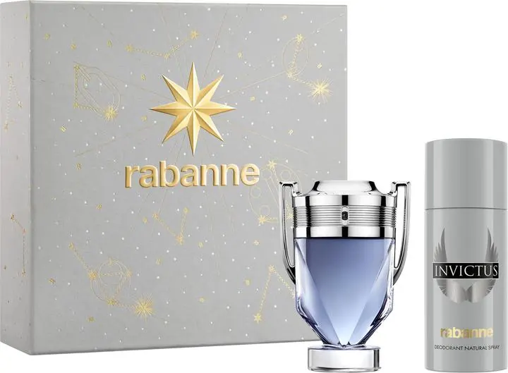 Paco rabanne Zestaw Paco Rabanne: dezodorant w sprayu dla mężczyzn Invictus 150ml + Eau De Toilette dla mężczyzn 100ml Invictus + Eau De Toilette dla