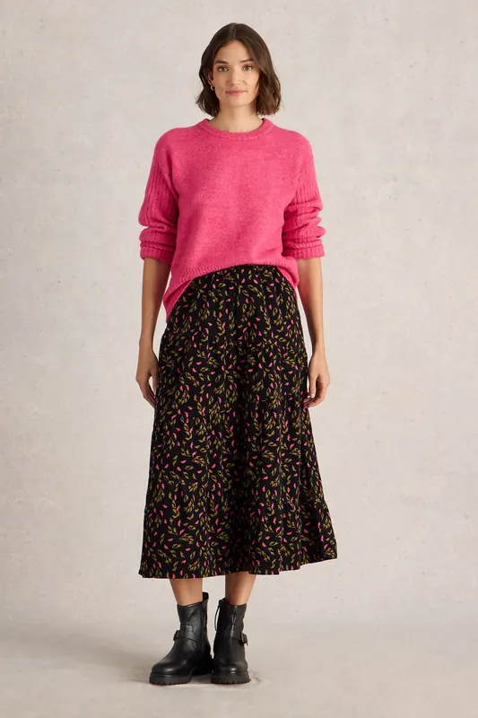 White Stuff Jenna Cord Tiered Skirt Black Print Maat: 6 REGULAR | Midi Rokken Outlet | Dames | Zwart