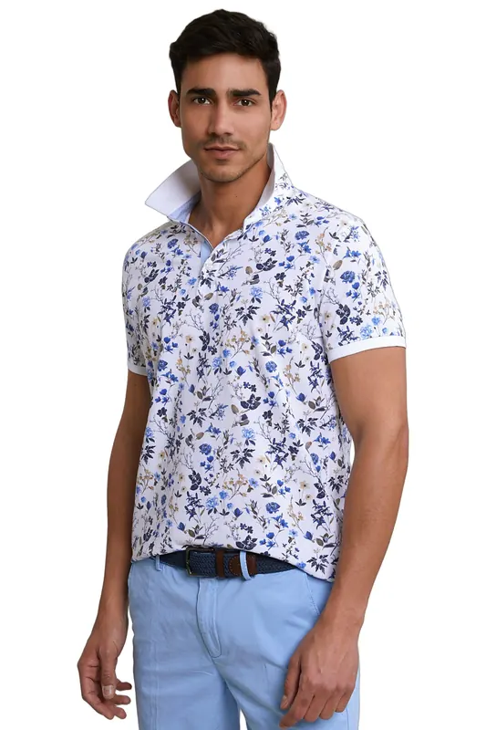River Woods Custom Fit Cotton-linen Floral Polo White Maat: S | Poloshirts Outlet | Heren | Blauw