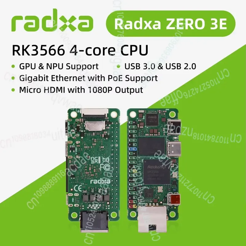 Radxa ZERO 3E RK3566 4-rdzeniowy procesor SBC, GPU, NPU, HDMI z wyjściem 1080P i Gigabit Ethernet, jednopłytkowy komputer z listwą pinową